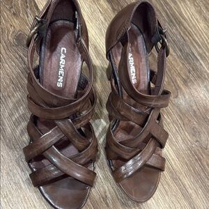 Carmens Women's Brown Leather Sandals heels size 38 US women’s 7.5/8 EUC
